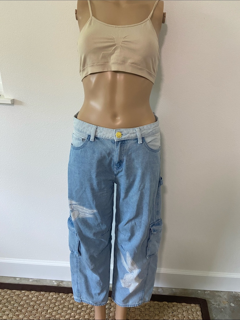 Justice Light Blue Women's Boyfriend Cargo Jeans with White Graphic